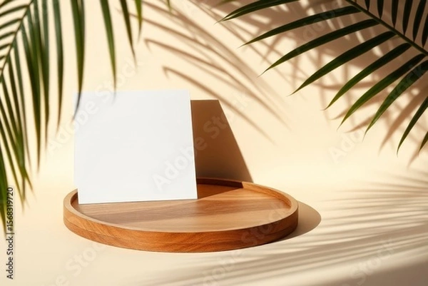 Fototapeta Wooden Platform Palm Shadow Display Mockup Product Presentation Still Life