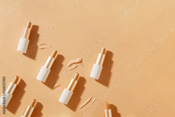 Fototapeta Foundation tubes and cosmetic bottles arranged in seamless pattern