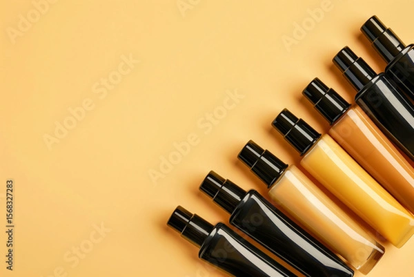 Fototapeta Foundation tubes and cosmetic bottles arranged in seamless pattern