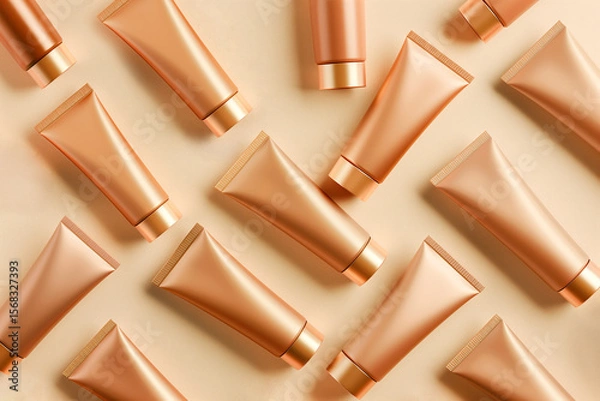 Fototapeta Foundation tubes and cosmetic bottles arranged in seamless pattern