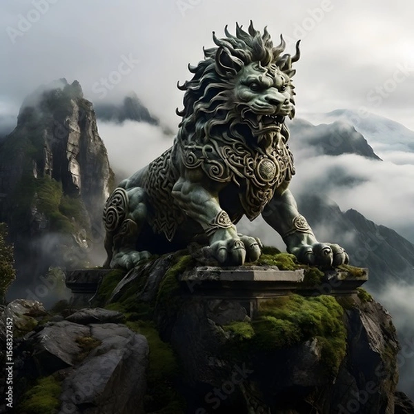 Obraz Celtic-Chinese Guardian Beast Statue on Cliff