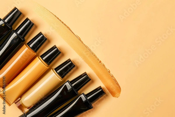 Fototapeta Foundation tubes and cosmetic bottles arranged in seamless pattern