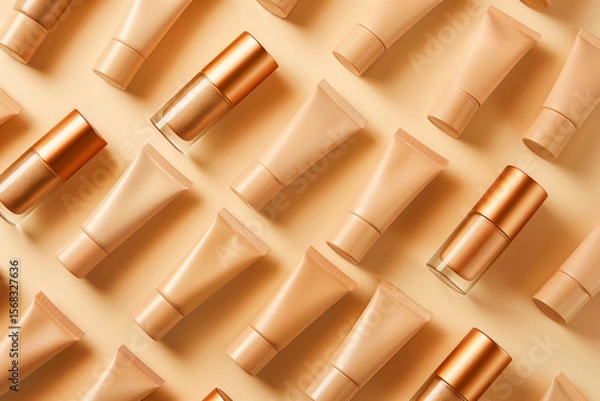 Fototapeta Foundation tubes and cosmetic bottles arranged in seamless pattern