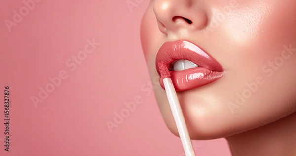 Fototapeta Glossy lips with pink lip gloss being applied close-up