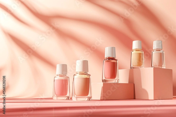 Fototapeta Nail polish bottles in pastel colors on soft fabric background