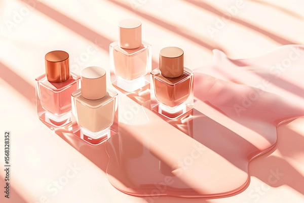 Fototapeta Nail polish bottles in pastel colors on soft fabric background