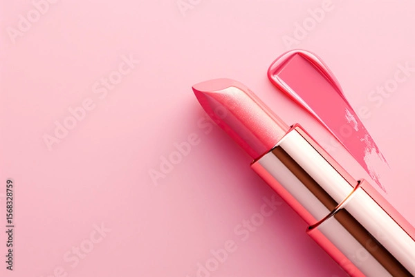 Fototapeta Pink lipstick with golden case and texture stroke on pastel background