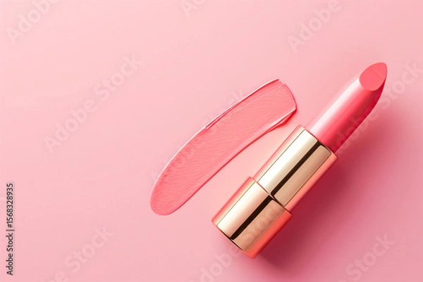 Fototapeta Pink lipstick with golden case and texture stroke on pastel background