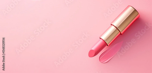 Fototapeta Pink lipstick with golden case and texture stroke on pastel background