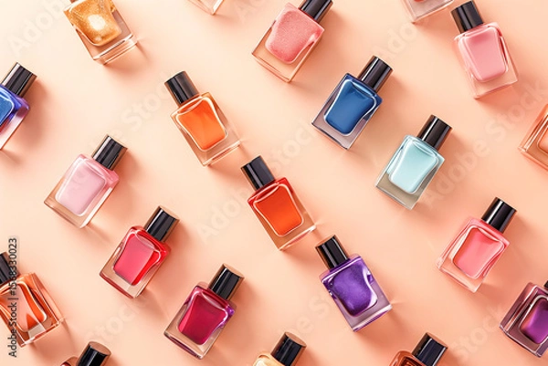 Fototapeta Colorful nail polish bottles arranged diagonally on a pastel background
