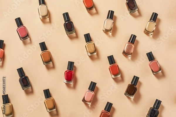 Fototapeta Colorful nail polish bottles arranged diagonally on a pastel background