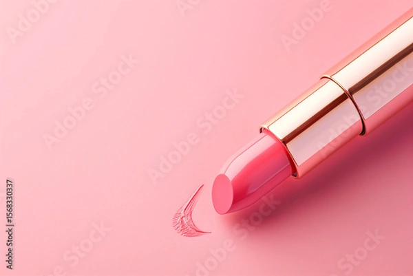 Fototapeta Pink lipstick with golden case and texture stroke on pastel background