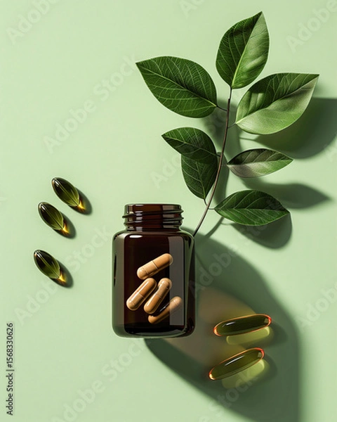 Fototapeta Minimalist flatlay supplement jar with softgel capsules and green leaves on green background