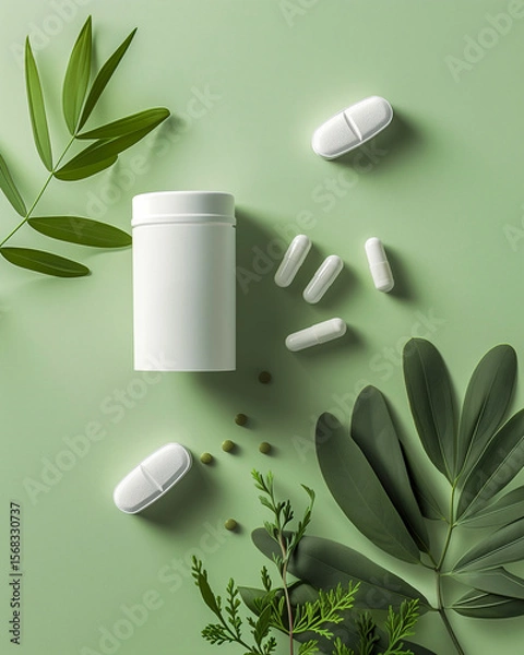 Fototapeta Minimalist flatlay supplement jar with softgel capsules and green leaves on beige background