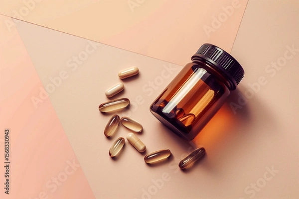 Fototapeta Minimalist flatlay supplement jar with softgel capsules and green leaves on beige background