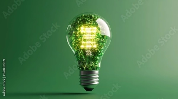 Obraz Bright energy-efficient eco friendly glowing light bulb with plant dot pattern on green background
