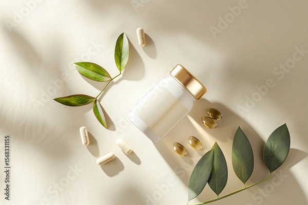 Fototapeta Minimalist flatlay supplement jar with softgel capsules and green leaves on beige background