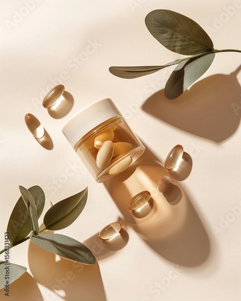 Fototapeta Minimalist flatlay supplement jar with softgel capsules and green leaves on beige background