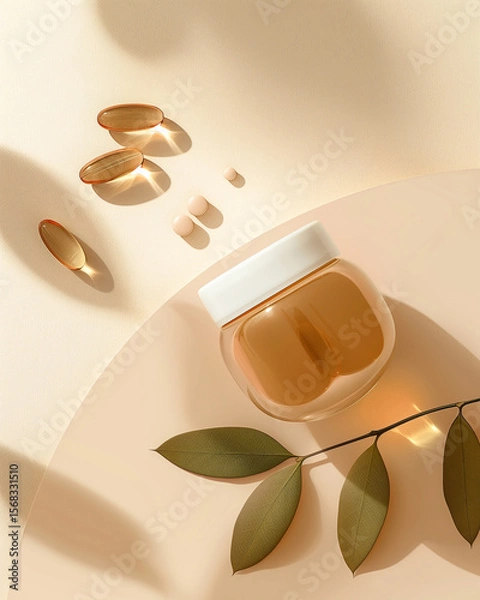Fototapeta Minimalist flatlay supplement jar with softgel capsules and green leaves on beige background