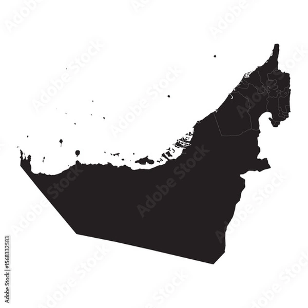 Obraz black silhouette map of united arab emirates with internal region borders isolated on white background, vector