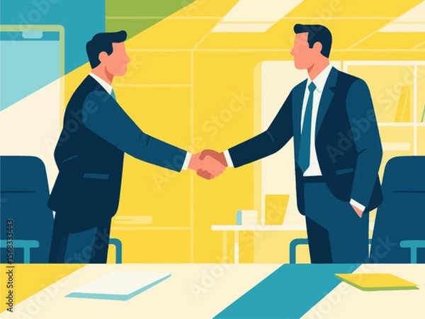 Fototapeta Business figures shake hands with each other, cooperate and communicate. Concept of Internet technology office scenarios, flat vector illustrations