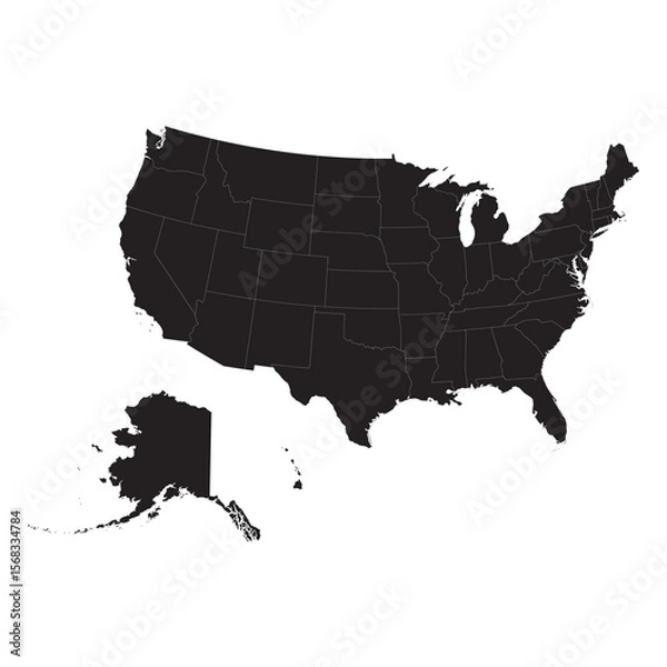 Obraz black silhouette map of united states of america with state borders isolated on white background, vector outline