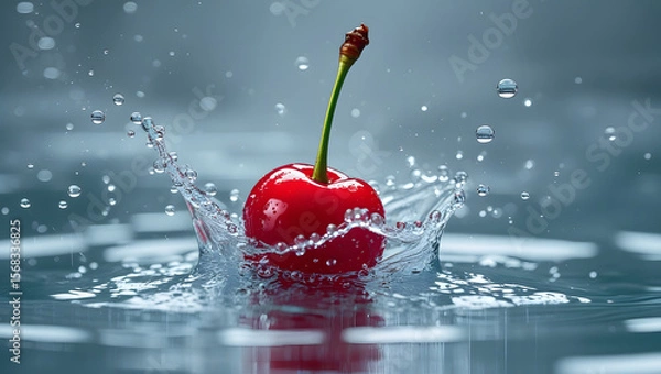 Fototapeta Red Cherry Splashing into Clear Water – High-Speed Macro with Droplets and Bubbles
