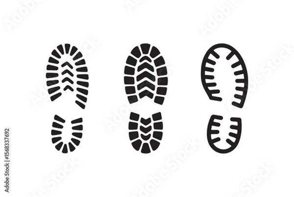 Fototapeta Three distinct black shoe print outlines on a white background isolated on white background