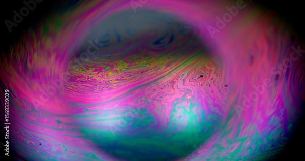 Obraz Paint defocused swirl. Liquid planet sphere. Glowing globe colorful light halo. Abstract oil flow fluorescent purple pink blue round lens background.