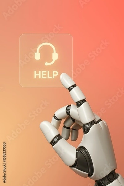 Fototapeta A futuristic robot hand pointing towards a "HELP" button, symbolizing modern customer service. With clean lines and a soft gradient background.