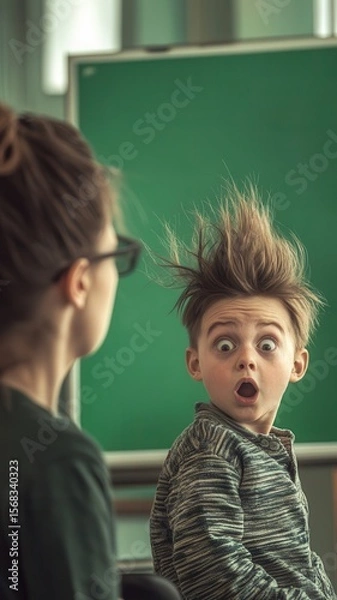 Fototapeta Surprised boy with spiky hair reacts during classroom activity in school setting