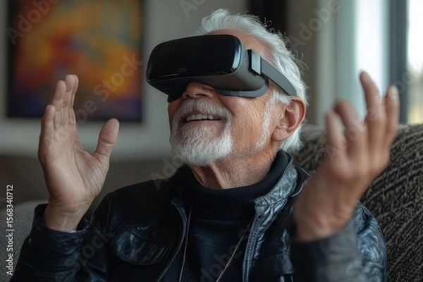 Fototapeta Senior man enjoying virtual reality experience at home, immersed in technology and exploration