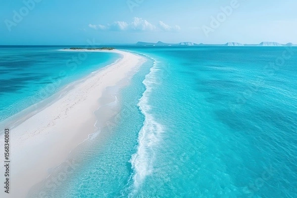 Fototapeta Tranquil beach with turquoise waters and pristine sand under a clear blue sky