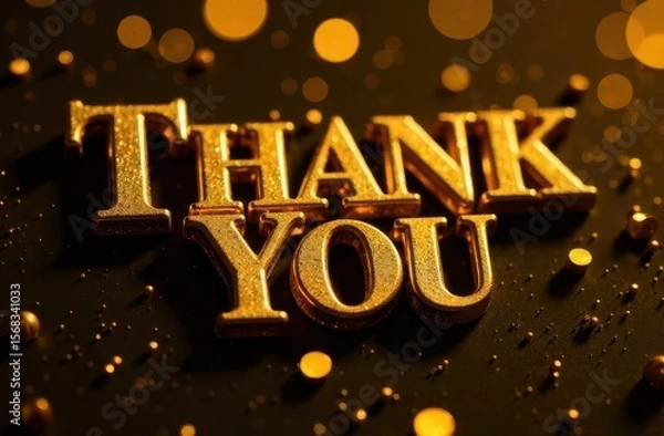 Fototapeta Golden thank you message with sparkling decorations on a dark background