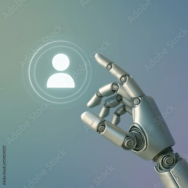 Fototapeta The futuristic metallic hand of a robot interacting with a glowing human profile icon. Symbolizing the connection between artificial intelligence and user identity in a technological world.
