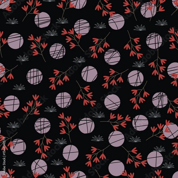 Obraz Midnight garden flowers seamless pattern. Dark blooms floral vector surface design of pink flowers and polka dots