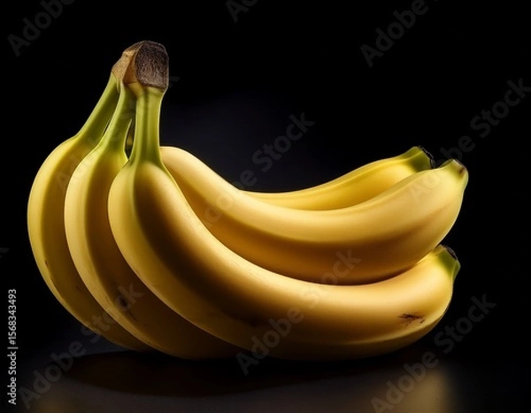 Fototapeta four ripe yellow bananas clustered together against a black background showcasing their curves and subtle shadows
