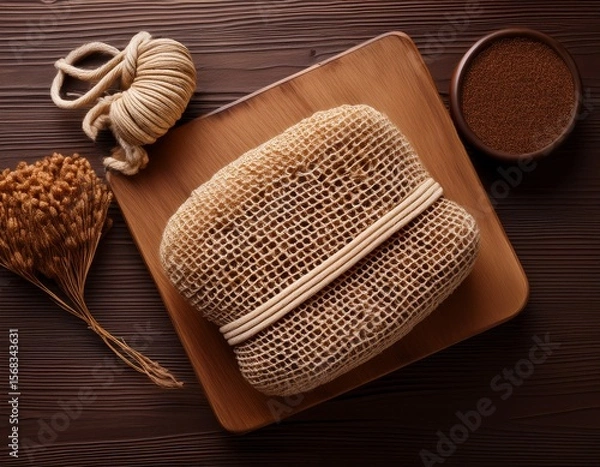 Fototapeta top view of a dried gourd scrubber product on a table with ample copy space