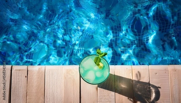 Fototapeta top view of a cyan drink by the poolside luxury vacation background