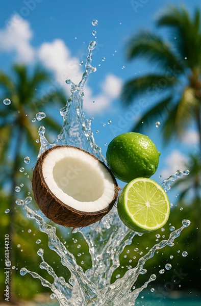 Fototapeta Tropical Coconut & Lime Splash - Refreshing Summer Fruits
