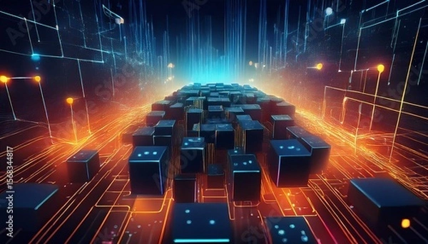 Fototapeta blockchain visualization interconnected glowing blocks cyber aesthetic