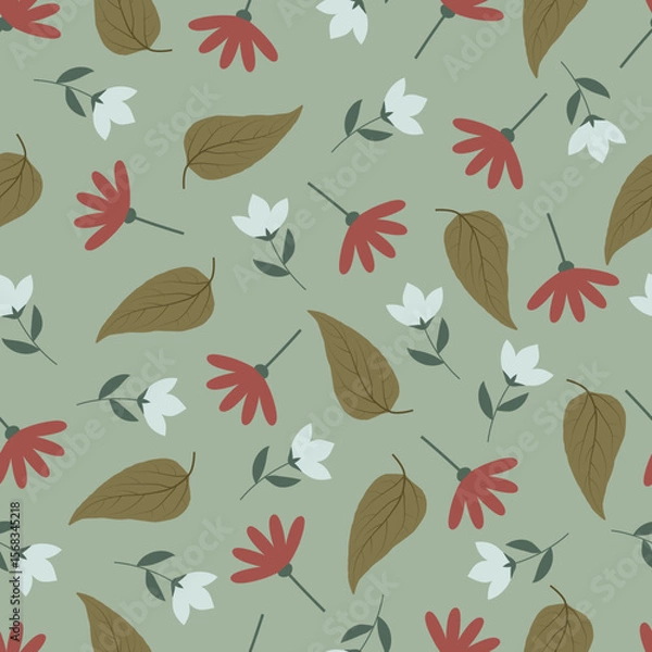 Fototapeta Scandinavian flowers seamless pattern. Floral vector surface design of pink and white scandi flowers