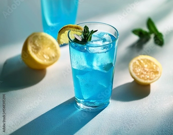 Fototapeta light blue summer drink on a light background with sunlight and shadows