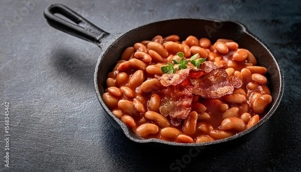 Fototapeta frying pan with beans and bacon baked bean month