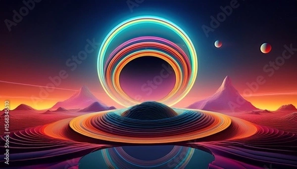 Fototapeta abstract 3d render of a colorful planetary landscape with rings