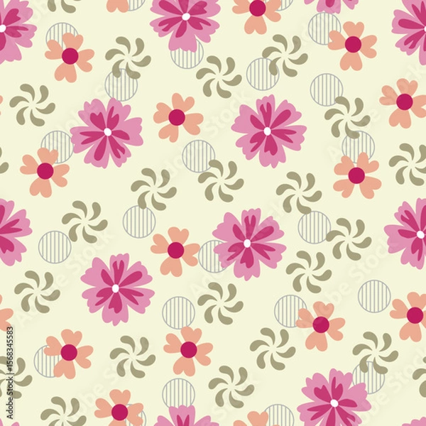 Obraz Scandinavian flowers vector seamless pattern. Floral surface design of blush pink scandi flowers and polka dots