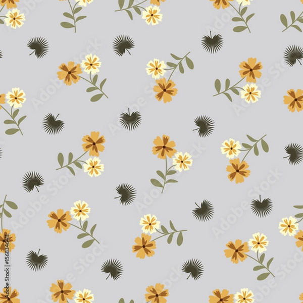 Obraz Scandinavian flowers vector seamless pattern. Floral surface design of yellow scandi flowers and fan palm leaves