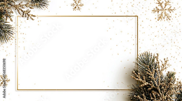 Obraz Festive christmas holiday card template with gold frame and decorative fir branches