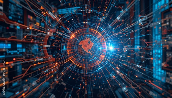 Fototapeta Glowing world map amidst a network of interconnected tech pathways, symbolizing global data connectivity and technological advancement.