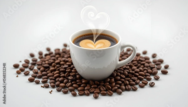Fototapeta Aromatic coffee in a white cup with heart-shaped steam surrounded by roasted coffee beans creates a warm and inviting ambiance.